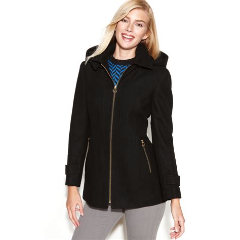 michael michael kors hooded leather trim wool blend zip coat|Michael Kors camel coat.